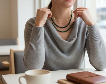 Ręcznie robiony naszyjnik z zielonego jadeitu – zapięcie ze srebra próby 925, 16 cali