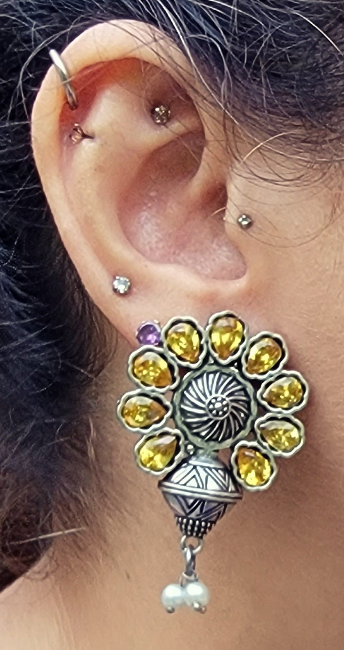 Stone Studded Earrings- Sterling Silver Earring- Kundan