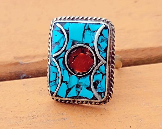 Turquoise Mosaic Ring- Nepali Blue stone jewelry- Silver vintage rings Size 7 USA
