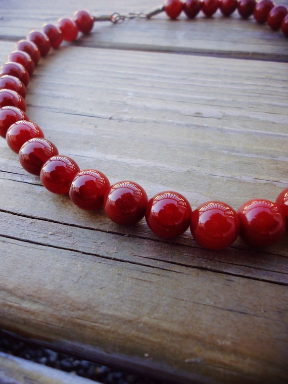 Glass Ruby beaded necklace- Red Ruby strand- Stat… - image 1