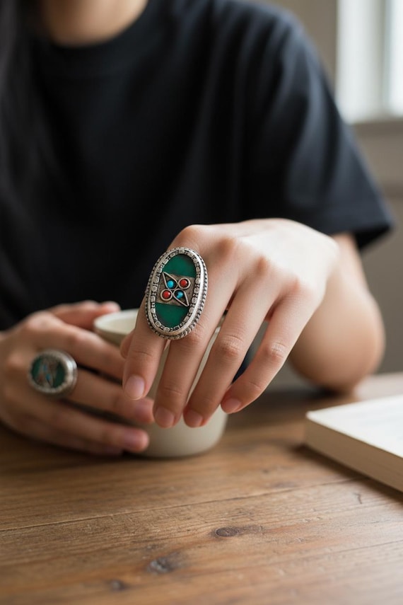 Statement ring- Green onyx Silver Ring- Tribal Af… - image 2