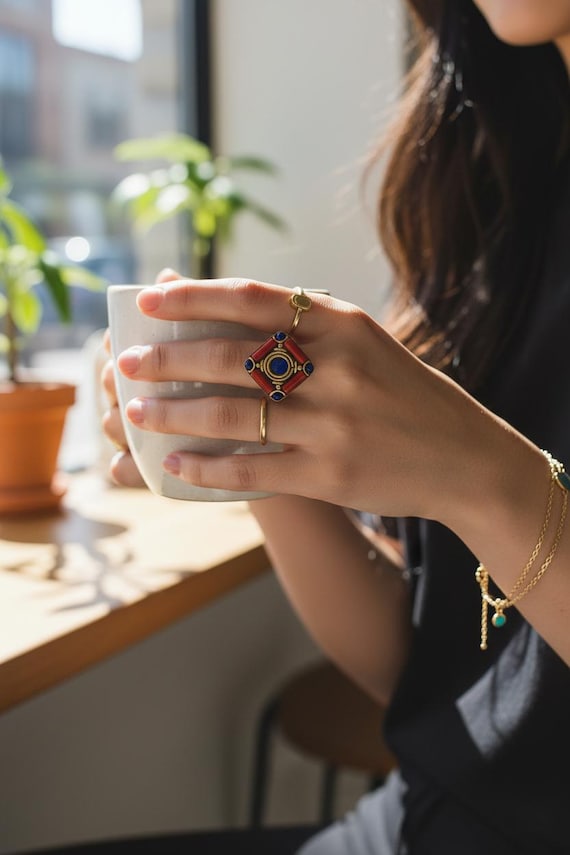 Lapis ring- Coral Mosaic ring-Nepali turquoise je… - image 1