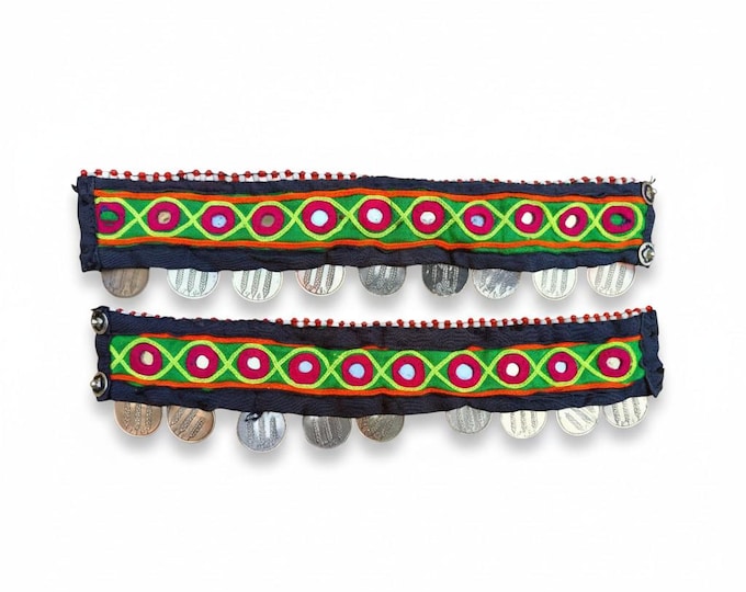 Afghan Embroidered Bracelet: Tribal Coin Jewelry- Vintage armlet