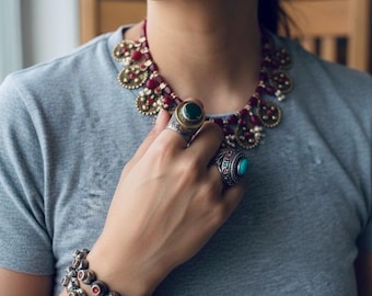 Mynthalsband - Guld Kuchi-halsband - Tribal halsband - Boho halsband - Magdanssmycken - Afghanska smycken - Afghanska kuchi-smycken