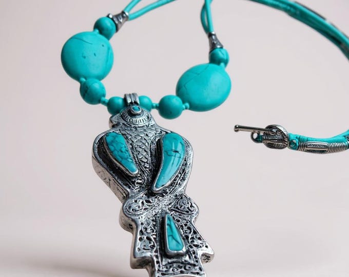 Native made turquoise Afghan fish Pendant -Necklace: Alpaca Silver, Ethnic Design