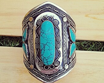 Turquoise bracelet-  Statement bracelet- Turquoise jewelry. Afghan bracelet- Bohemian jewelry Tribal jewelry- Boho jewelry