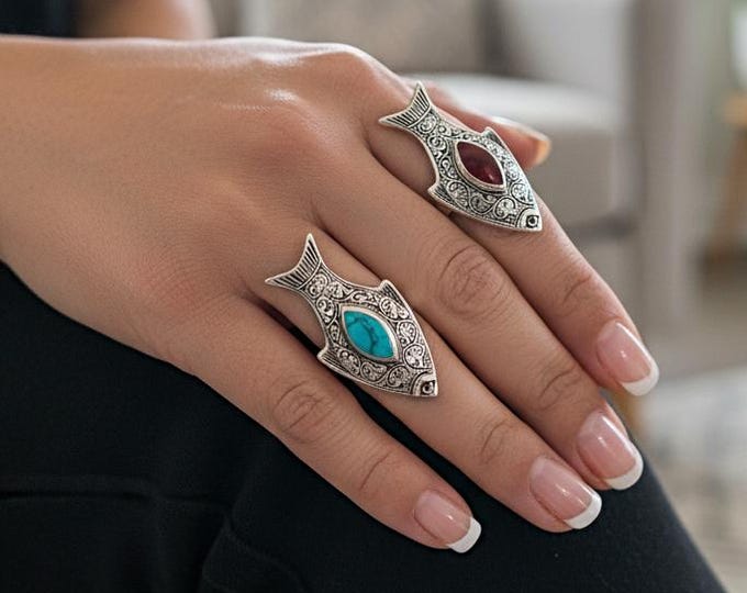 Afghan Alpaca Ring- Kuchi rings- Fish shaped rings- Bohemian inspired rings- Ethnic jewelry- Hippie style rings- Gypsy rings- Turquoise ring