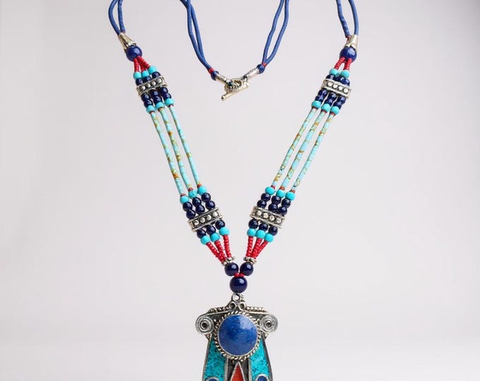Hamsa Necklace- turquoise Lapis Pendant Necklace - Turquoise Stone Jewelry