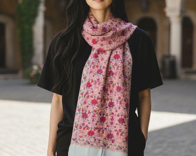 Hand Embroidered Cashmere scarf- Pashmina Shawl-  Red Cashmere stole- Full size Pashmina shawl