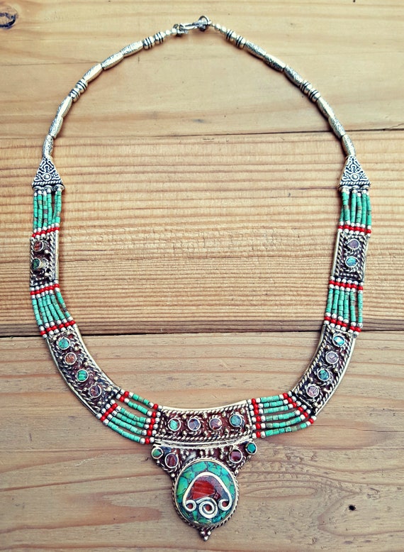 Green turquoise statement necklace- Tibetan Neckla