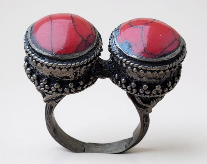 Vintage Double Coral Stone Ring, Tribal Kazakh Jewelry, Size 8