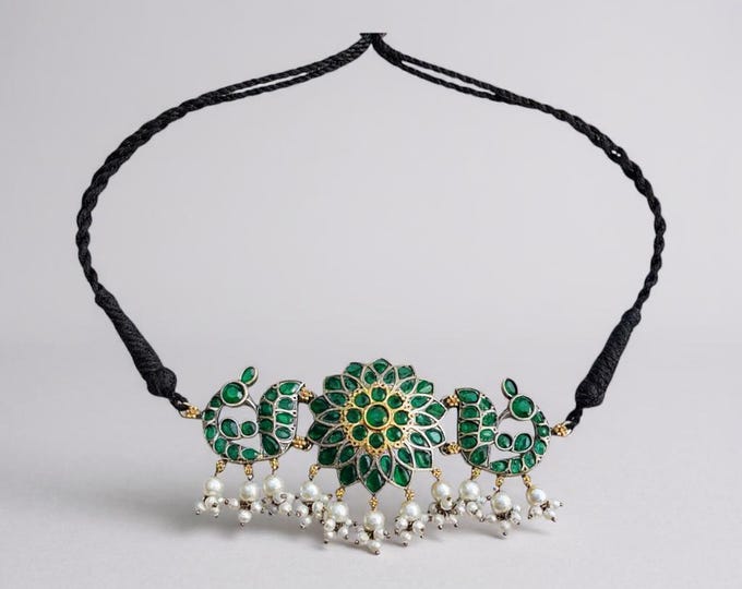 Vintage Emerald Green Choker Necklace: Silver, Pearl, Ethnic Statement Jewelry
