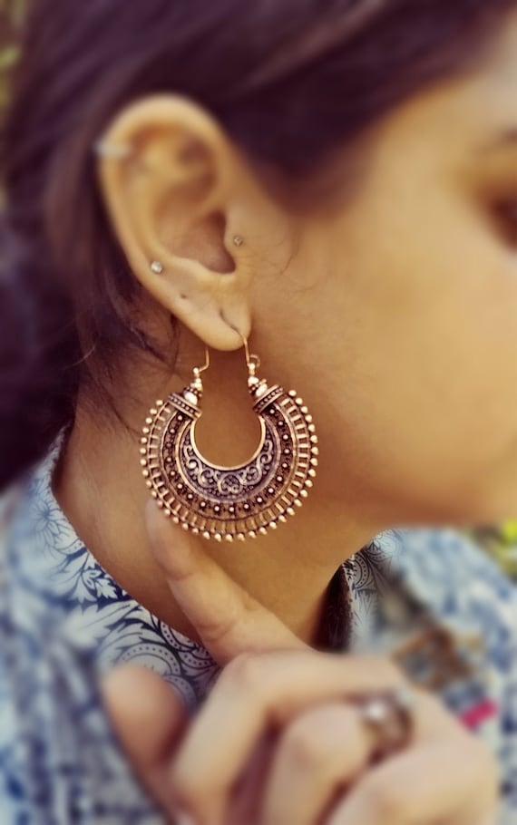 Crescent Earring,Silver Hoop ornate Earring- Rose 