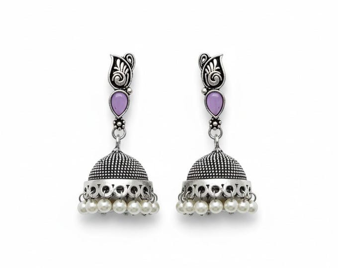 Jhumka earrings - Sterling Silver Banjara Jhumkas- Indian Tribal Jewelry- purple stone dangle