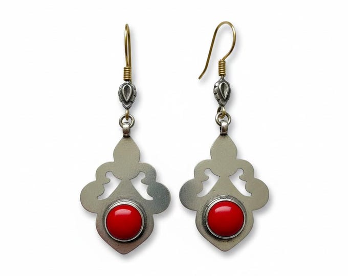 Jhumka earrings Afghan Tribal Earrings: Red Coral German Silver Boho Jewelry