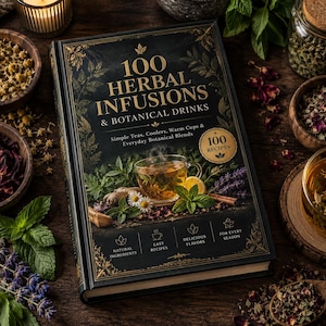 Puede incluir: Un libro de tapa dura titulado 100 Herbal Infusions & Botanical Drinks con una cubierta negra que presenta texto dorado, bordes ornamentados y una imagen central de una taza de cristal con té rodeada de hierbas, flores y jengibre.
