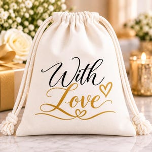 With Love Favor Bag | Drawstring Pouch, Wedding Favor, Gold Script