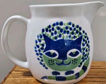 Vintage MCM Arabia Finland Kissa Cat Ceramic Pitcher Creamer Blue Green 1970s