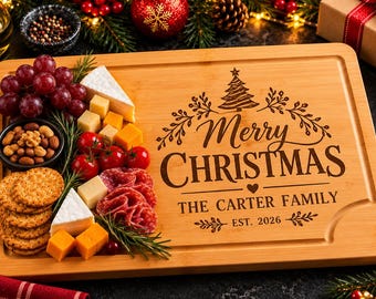 Personalisiertes Bambus-Schneidebrett für Weihnachten, gravierter Familienname, Küchendekoration