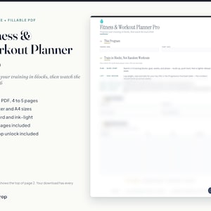May include: A printable and fillable PDF titled Fitness & Workout Planner Pro. The document features sections for program details, training blocks, and workout logs. It includes a teal water drop logo and the brand name TealDrop at the bottom.