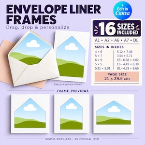 May include: Digital envelope liner frames with 16 sizes included, featuring A1, A2, A6, A7, and DL options. The graphic displays dimensions in inches and a page size of 21 x 29.5 cm. Includes a white envelope and card with a blue sky and green hill design.
