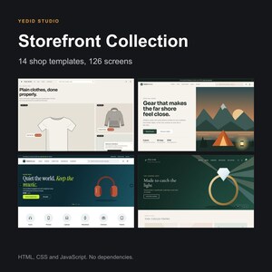 Könnte beinhalten: Yedid Studio Storefront Collection mit 14 Shop-Vorlagen und 126 Bildschirmen. Die Darstellung zeigt vier verschiedene Website-Layouts für Kleidung, Outdoor-Ausrüstung, Audio-Geräte und Schmuck, erstellt mit HTML, CSS und JavaScript.
