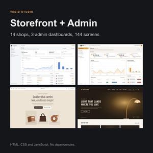 May include: A digital design kit titled YEDID STUDIO Storefront + Admin featuring 14 shops, 3 admin dashboards, and 144 screens. The display shows various web interface layouts, data charts, and product pages with text including Leather that carries less, and lasts longer.