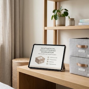 May include: A tablet displaying a Sentimental Decluttering Workbook with a graphic of a storage box and a list of four sections: The Mindset Shift, Photos & Letters, Heirlooms, and Digital Memories, positioned next to two gray fabric storage bins.