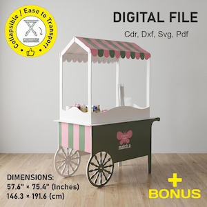 May include: A digital file for a collapsible vendor cart with a green and pink striped canopy and base. The cart features white side panels, four spoked wheels, and a butterfly logo with the text match.a. Dimensions are 57.6 inches by 75.4 inches.