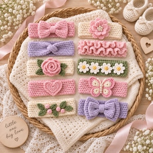 May include: A collection of ten crochet headbands in various colors including pink, cream, lavender, and green. The headbands feature decorative elements such as bows, flowers, a heart, a butterfly, and leaves, arranged on a woven basket.