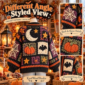 Pode incluir: Um cardigã de crochê com design de patchwork apresentando motivos de abóboras laranja, luas crescentes brancas, estrelas amarelas e morcegos pretos em um fundo escuro. Inclui detalhes em close de teias de aranha e quadrados de abóbora.