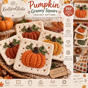 Può includere: Uno schema digitale all'uncinetto per una piastrella granny a forma di zucca, con un quadrato color crema con una zucca arancione testurizzata e foglie verdi. L'immagine include testo come KnotWoolStudio, Pumpkin Granny Square e PDF Digital Download.