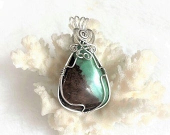 Chrysoprase Pendant, Green Pendant, Brown Pendant, Large Triangle 935 Argentium Anti Tarnish Sterling Silver 18" Black Leather Neck cord