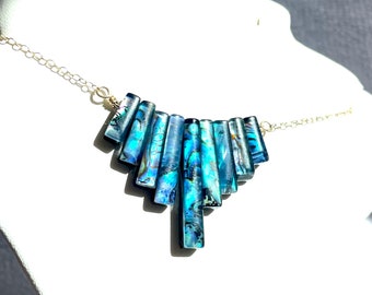 Blue Abalone Pendant, Blue Paua Shell Pendant, Abalone Bib Necklace, 14kt Gold Filled 18"