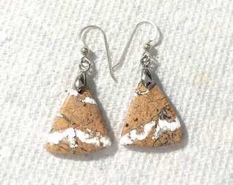 Wild Horse Turquoise Earrings, Brown Earrings, Wild Horse Magnasite Earrings, White Buffalo Stone, Triangle, Medium 925-940 Argentium Silver