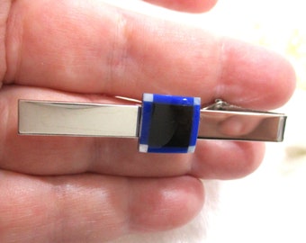 11mm Black Onyx Tie Clip, Lapis Tie Clip, Mother of Pearl Tie Clip, Intarsia Tie Bar Silver Plated 2 1/8" wide