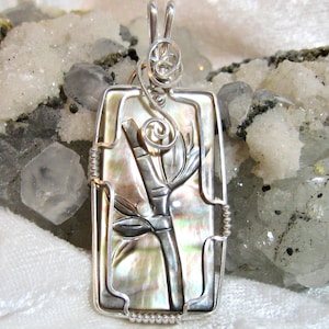 Carved Mother of Pearl Pendant, Gray Shell Pendant, Flower Pendant, Black Pendant, 935 Sterling Silver Wire Wrapped Argentium Anti Tarnish
