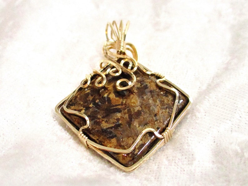 Large Bronzite Pendant Brown Stone Pendant Wire Wrapped 14K Gold-filled Wire
