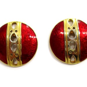 Vintage Red Earrings, Red Enamel Earrings, Round Earrings, Pierced Goldplated Dee