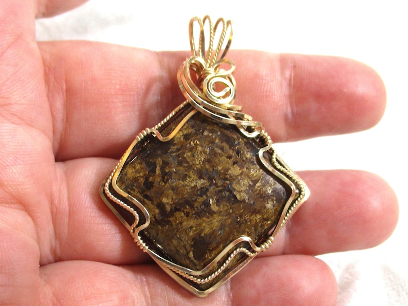 Large Bronzite Pendant Brown Stone Pendant Wire Wrapped 14K Gold-filled Wire