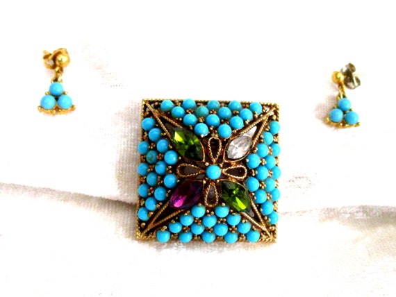 Vintage Turquoise Brooch Set (Acrylic), Square Br… - image 1