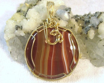 Banded Agate Pendant, Red Pendant, Brown Pendant, White Pendant Wire Wrapped 14K Gold-Filled (14/20)