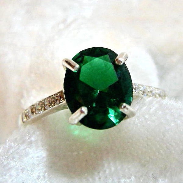 10x8 Emerald Ring (Lab), Emerald Halo Ring (Lab), Ring 925 Sterling Silver Size 8, 3ct.