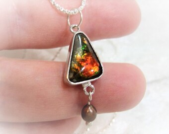 Ammolite Pendant, Ammonite Pendant, Fossil Pendant, Brown Pearl Pendant, Brown Pendant, Triangle 925-940 Sterling Silver 18" chain