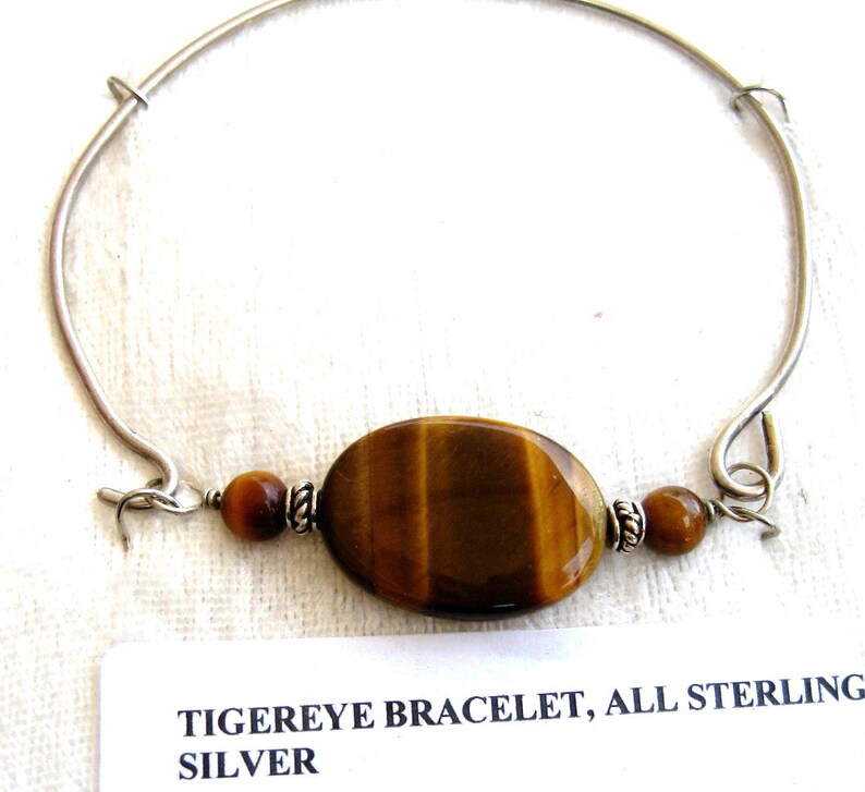 Tiger Eye Bracelet, Bangle Bracelet, Tigers Eye Bangle Bracelet Wire Wrapped Solid Sterling Silver 925 image 1