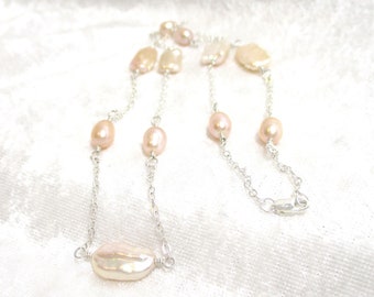 Freshwater Pink Pearl Necklace, Baroque Pink Pearl Necklace, Keshi Biwa Pearl Necklace, 935 Argentium Anti Tarnish Sterling Silver 20" long