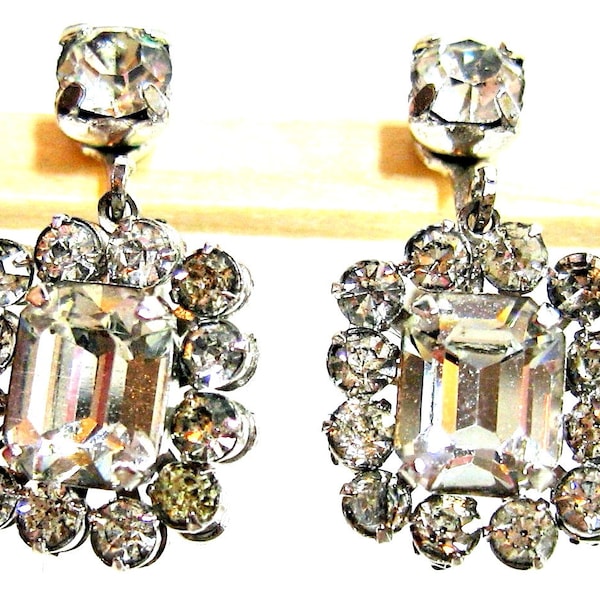 Vintage Rhinestone Earrings, Rhinestone Drop Earrings, Rhinestone Dangle Earrings, Silvertone Screwbacks
