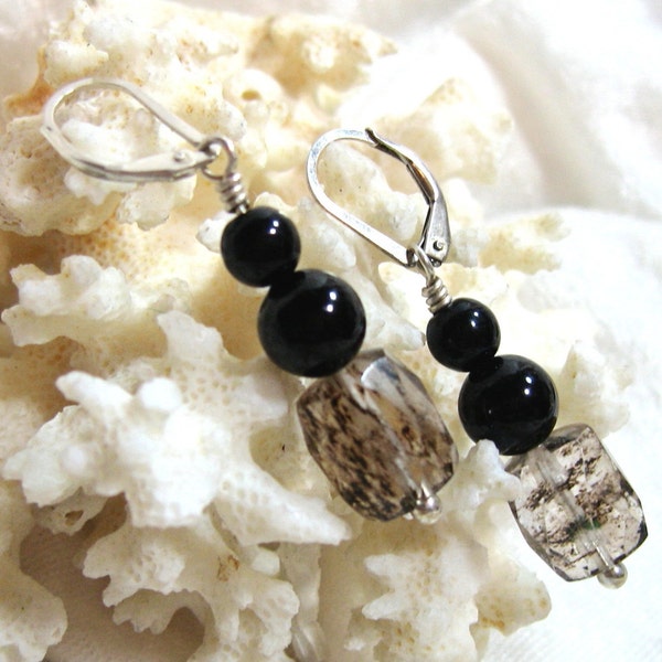 Black Onyx Earrings, Black Rutilated Quartz Earrings Solid 935 Sterling Silver Argentium Anti Tarnish wire