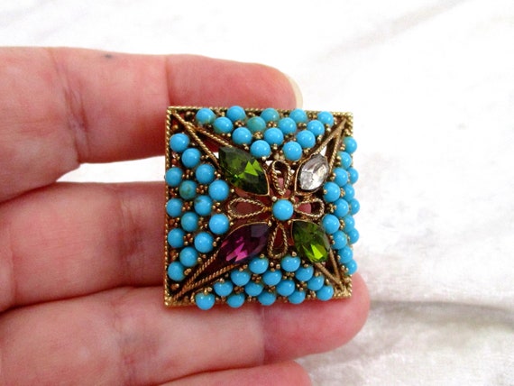 Vintage Turquoise Brooch Set (Acrylic), Square Br… - image 7