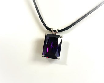 Amethyst Pendant CZ, Purple Pendant, Rectangle Pendant, Purple Stone Pendant, 925 Setting Sterling Silver, 18" Black Leather Cord